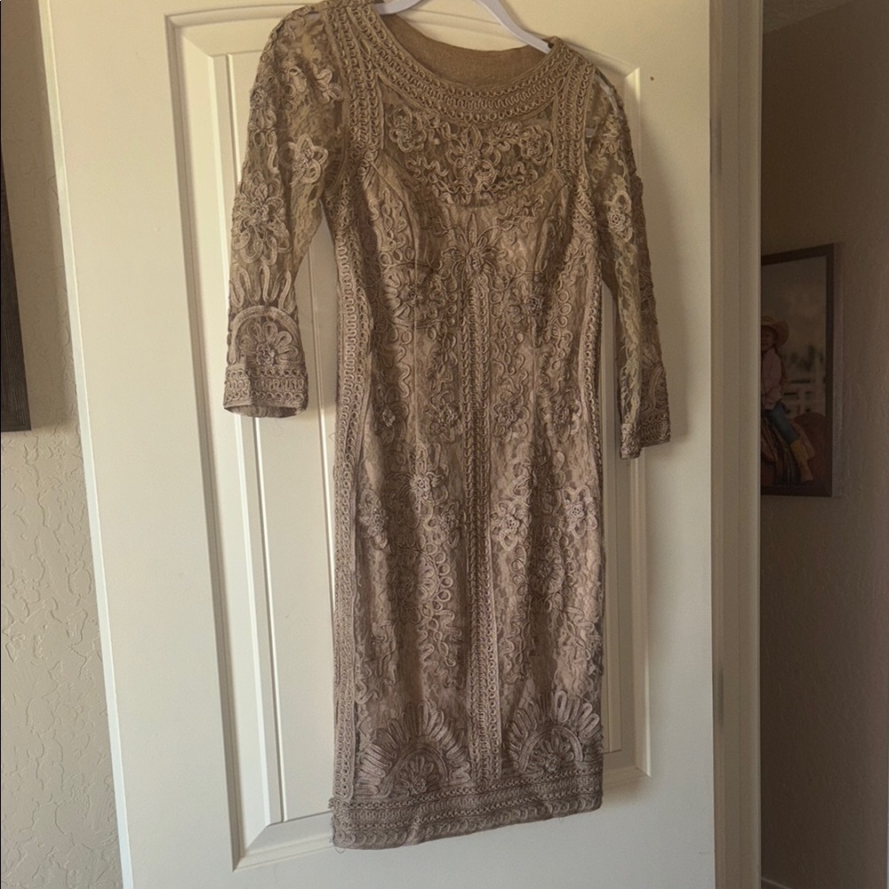 Sue Wong Taupe Sheath Dress with Cuffed 3/4 Sleeves